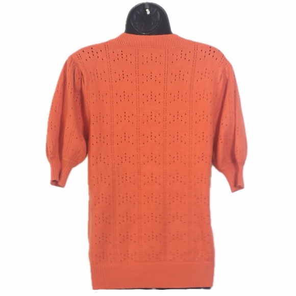 Fall Color Pointelle Soft Puff Sleeved V-neck Sweater - Picture 2 of 3